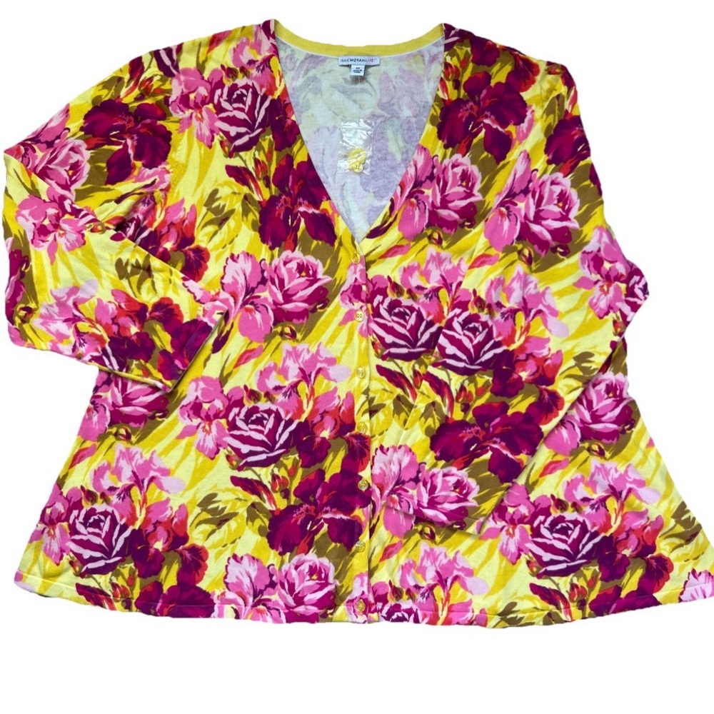 Isaac Mizrahi Live Floral Print Cardigan Sweater Womens Medium V-Neck yellow 3XL